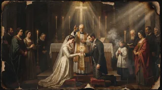 Kirchliche Trauung bei Kerzenlicht: ein Priester segnet Braut und knienden Bräutigam, die die Hände reichen