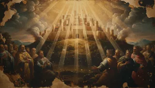 Foule de figures en robe aux mains levées au milieu des nuées et des rais de lumière, sous un intérieur à coupole