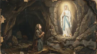 St Bernadette kneeling with her rosary, gazing up at the glowing white-robed Lady in the rocky grotto of Lourdes