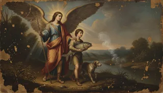 St Raphael the Archangel with a staff leading young Tobias, who carries a large fish, a dog beside them in a riverside landscape