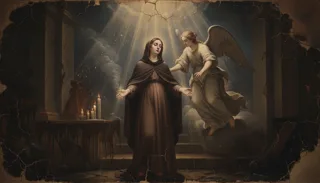 St Gemma Galgani as a veiled woman with open hands beside a winged angel, candles burning in a dim columned interior