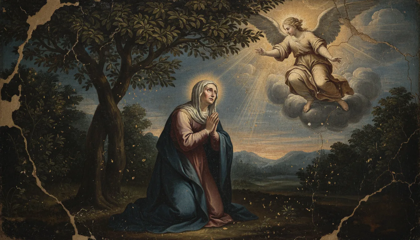 Sainte Anne priant sous un laurier lorsqu'un ange lui apparaît pour annoncer la conception de Marie