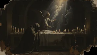 A winged angel gestures over a candlelit altar table toward a kneeling hooded figure at prayer for the dead