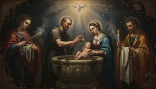 Priester gießt an einem Steinbecken Wasser über einen Säugling, während die Familie mit Kerzen zuschaut