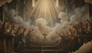 Foule levant les mains vers des rais de lumière, calice lumineux et fumée dans un vaste intérieur