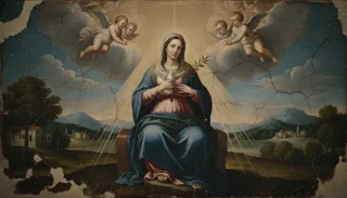 Our Lady of Peace, a veiled woman seated holding a white dove of peace, flanked by cherubs above a green landscape