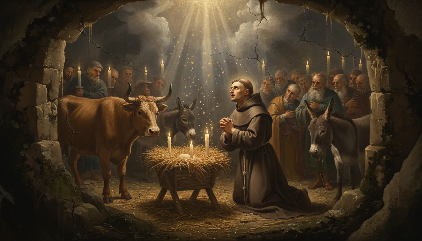 Saint Francis kneeling before a straw crib with a living ox and ass at Greccio