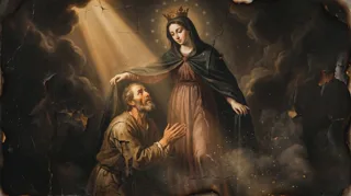 A crowned woman in pink and dark cloak touches the head of a kneeling bearded man amid clouds and light rays