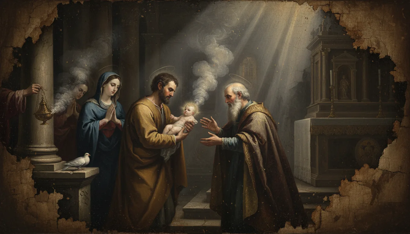 Saint Joseph portant l'Enfant Jésus au Temple entre les bras du vieux Siméon lors de la Présentation