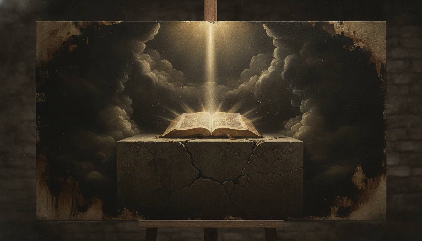 An open glowing Bible radiating light upon a stone altar amid darkness
