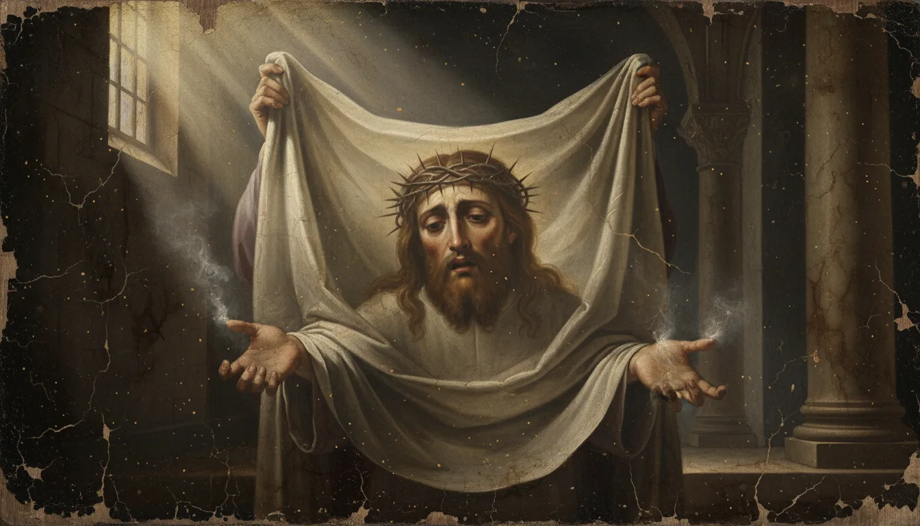 A cloth held aloft bearing the imprinted suffering Holy Face amid streaming light