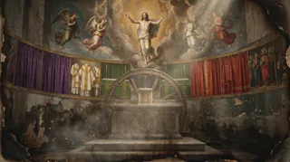 Rok liturgiczny Kościoła: zmartwychwstała postać z uniesionymi rękami nad ołtarzem, otoczona aniołami, szatami i barwnymi zasłonami
