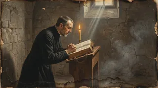 Anciano con hábito negro reza sobre un libro abierto en un atril a la luz de una vela en una celda de piedra