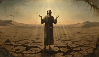 Roi barbu couronné trônant dans les nuages jouant d’une harpe dorée parmi rayons de lumière et étoiles