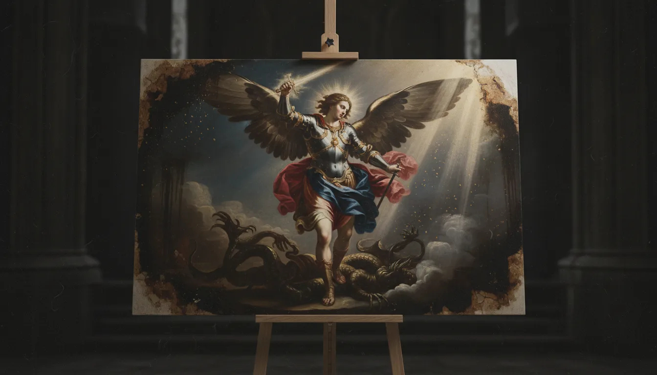 St Michael the Archangel in armor raising a sword of light over the shadowed enemy below