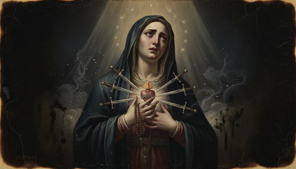 A sorrowful veiled woman clutches a flaming heart pierced by seven swords and holds a rosary against a starry gloom