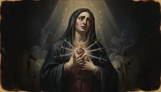 A sorrowful veiled woman clutches a flaming heart pierced by seven swords and holds a rosary against a starry gloom