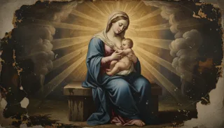Worn painting of the seated veiled Virgin in blue nursing the infant Christ, golden rays radiating behind her