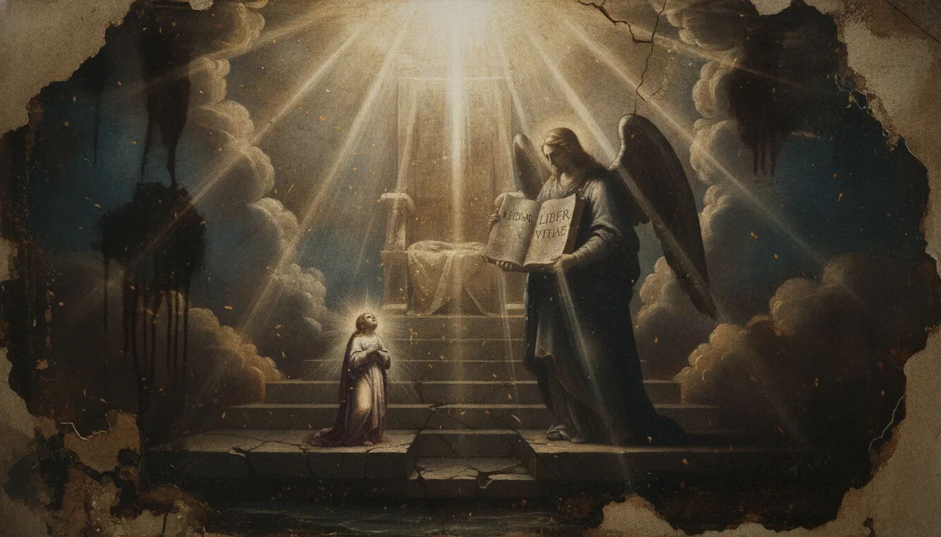 A soul standing alone before a great throne of divine light in judgment