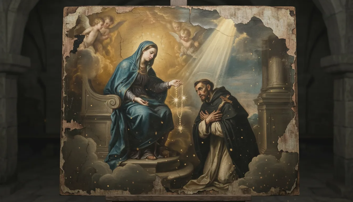 Wierny klęczy z rozłożonymi rękami przed Maryją, oddając się Jej w akcie Totus Tuus