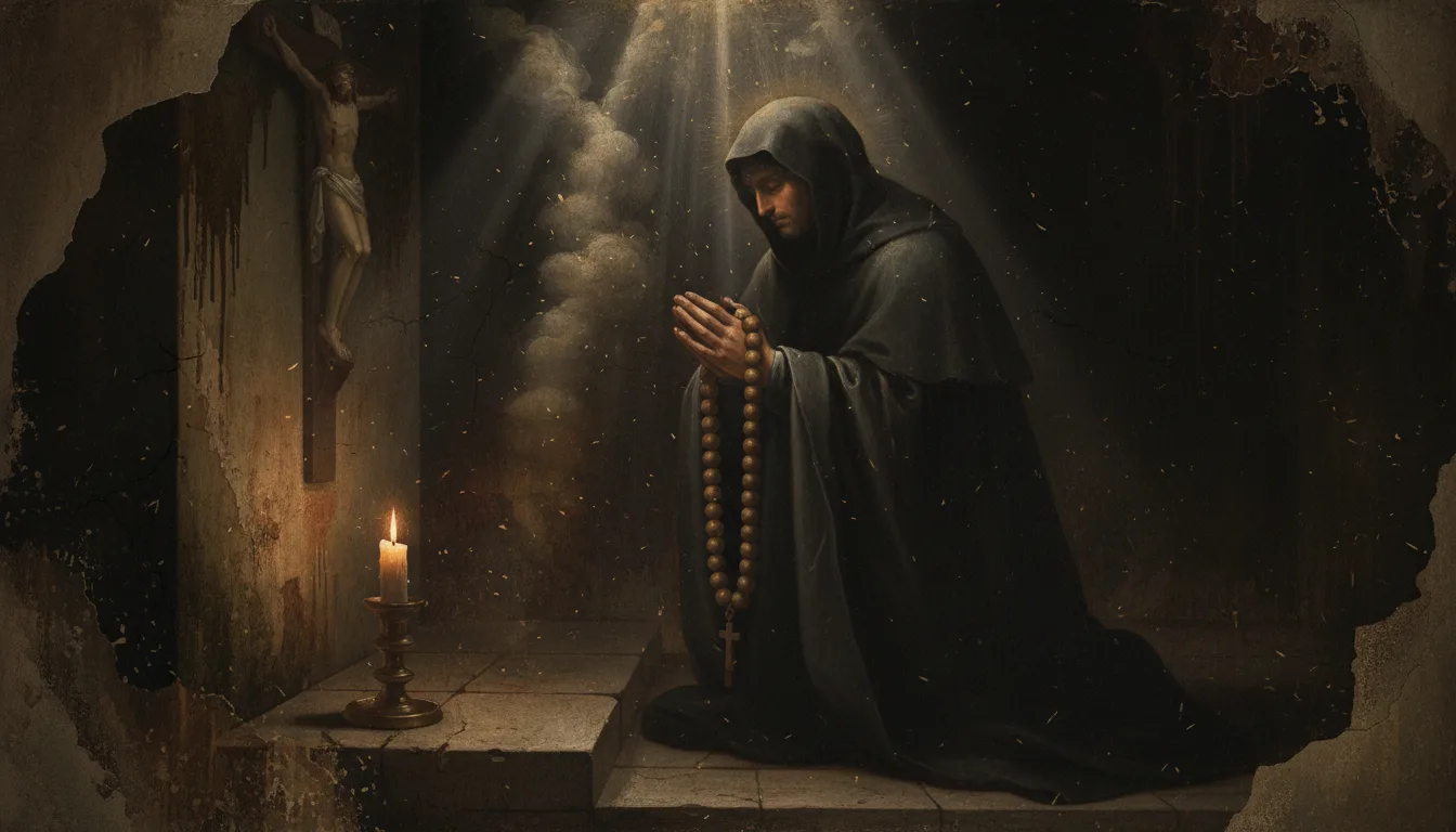 A robed figure praying the Rosary in candlelight before an image of Christ
