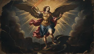 St Michael the Archangel in golden armor raising a flaming sword and holding scales, treading a serpent underfoot