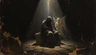A hooded seated figure in a cracked-floor room faces a small glowing winged angel under a light beam