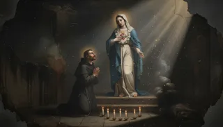 Kneeling friar before a standing haloed woman showing her flaming heart, lit candles on the step