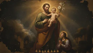 St Joseph as a haloed bearded man in green and brown robes holding the Child with white lilies, a woman kneeling among candles