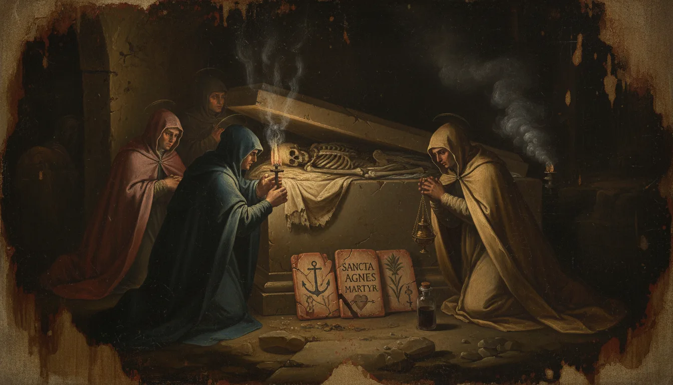 La découverte du tombeau de sainte Philomène dans la catacombe de Priscille, avec les trois carreaux gravés et les symboles du martyre