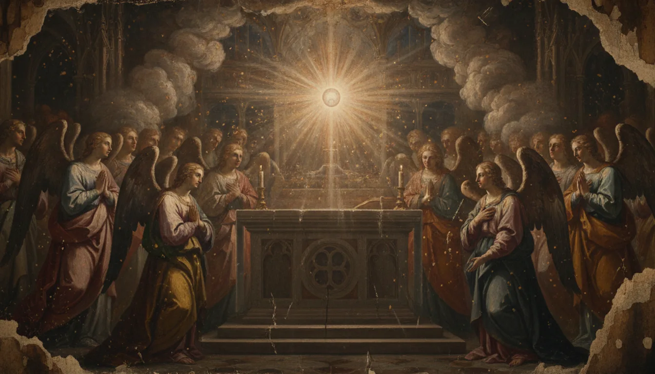 Una hostia radiante elevada sobre el altar como Pan de los ángeles rodeada de querubines