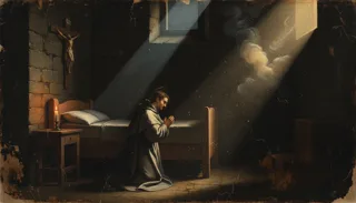 Monaco in preghiera serale con il rosario davanti a una candela accesa, un libro aperto e il crocifisso
