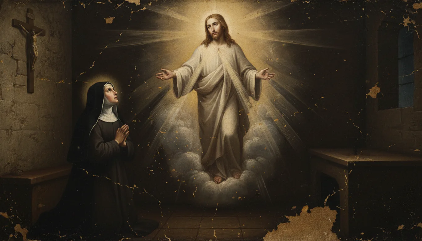 Sainte Faustine dans sa cellule de couvent recevant la vision du Sauveur qui lui demande de propager la dévotion