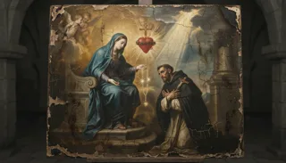 A seated blue-robed Virgin and a kneeling tonsured monk beneath the flaming crowned Sacred Heart with its cross