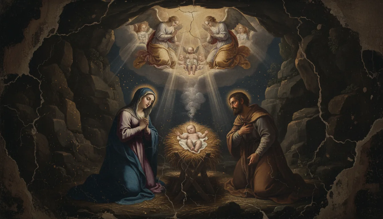 María y José adoran al Niño Jesús recién nacido en el pesebre de Belén con ángeles