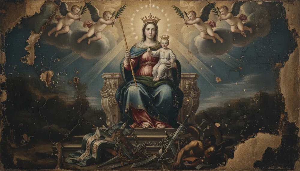 Une femme voilée en blanc et bleu, bras ouverts, sur des nuages au-dessus de deux fidèles agenouillés en prière