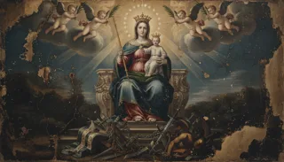 Une femme voilée en blanc et bleu, bras ouverts, sur des nuages au-dessus de deux fidèles agenouillés en prière
