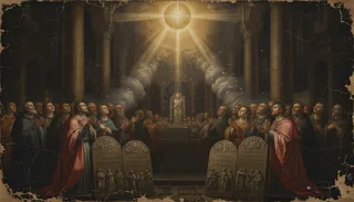 Foule en robe sur un grand escalier à colonnes réagissant à des portes dorées et une lumière rayonnante