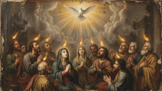 A crowd with flames over their heads gaze up at a radiant descending white dove, a veiled woman praying at center