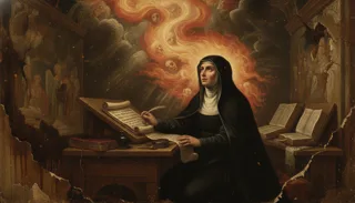 Eine sitzende Nonne im schwarzen Habit schreibt mit einer Feder am Bücherpult, über ihr wirbelndes feuriges Licht