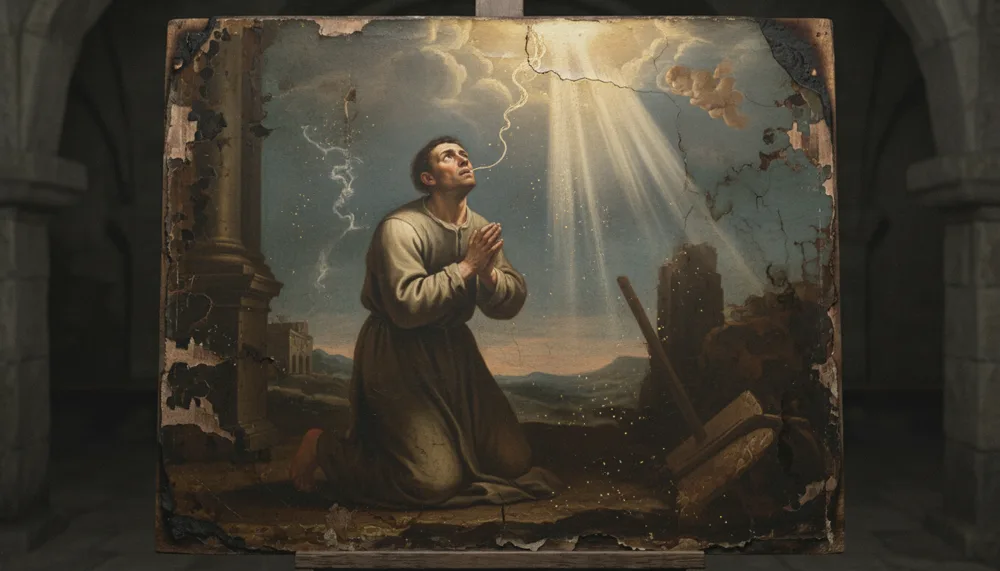 Monge com auréola em hábito escuro reza de joelhos com o terço diante de uma vela, um livro aberto e um crucifixo