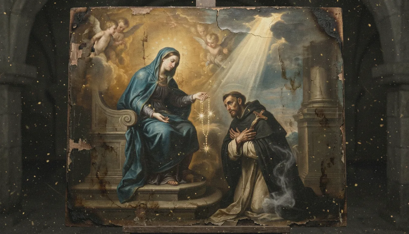 Un frate francescano prega davanti a un'immagine della Santissima Vergine con un'Ave Maria sulle labbra