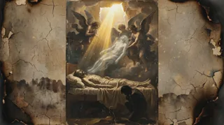 Cracked oil-painting panel of winged angels bearing a luminous soul upward above a shrouded body and a grieving mourner