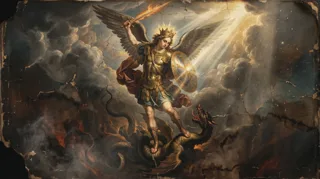A winged crowned warrior in golden armor raises a flaming sword above a serpentine dragon amid stormy clouds