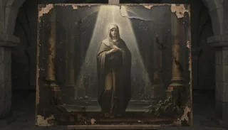 Cracked oil painting of a veiled robed woman standing in a shaft of light amid dim columns and still water