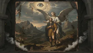 La Virgen y un fraile arrodillado, iluminados por un haz de luz, en una cripta de arcos de piedra