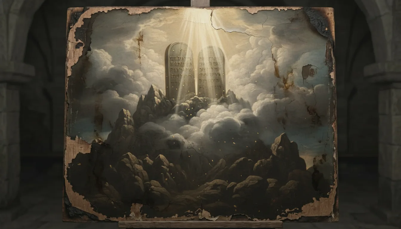 The stone tablets of the Ten Commandments upon Mount Sinai in divine light