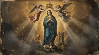 Devotional painting of the Blessed Virgin on a crescent and serpent, crowned by two angels beside a tower and rose