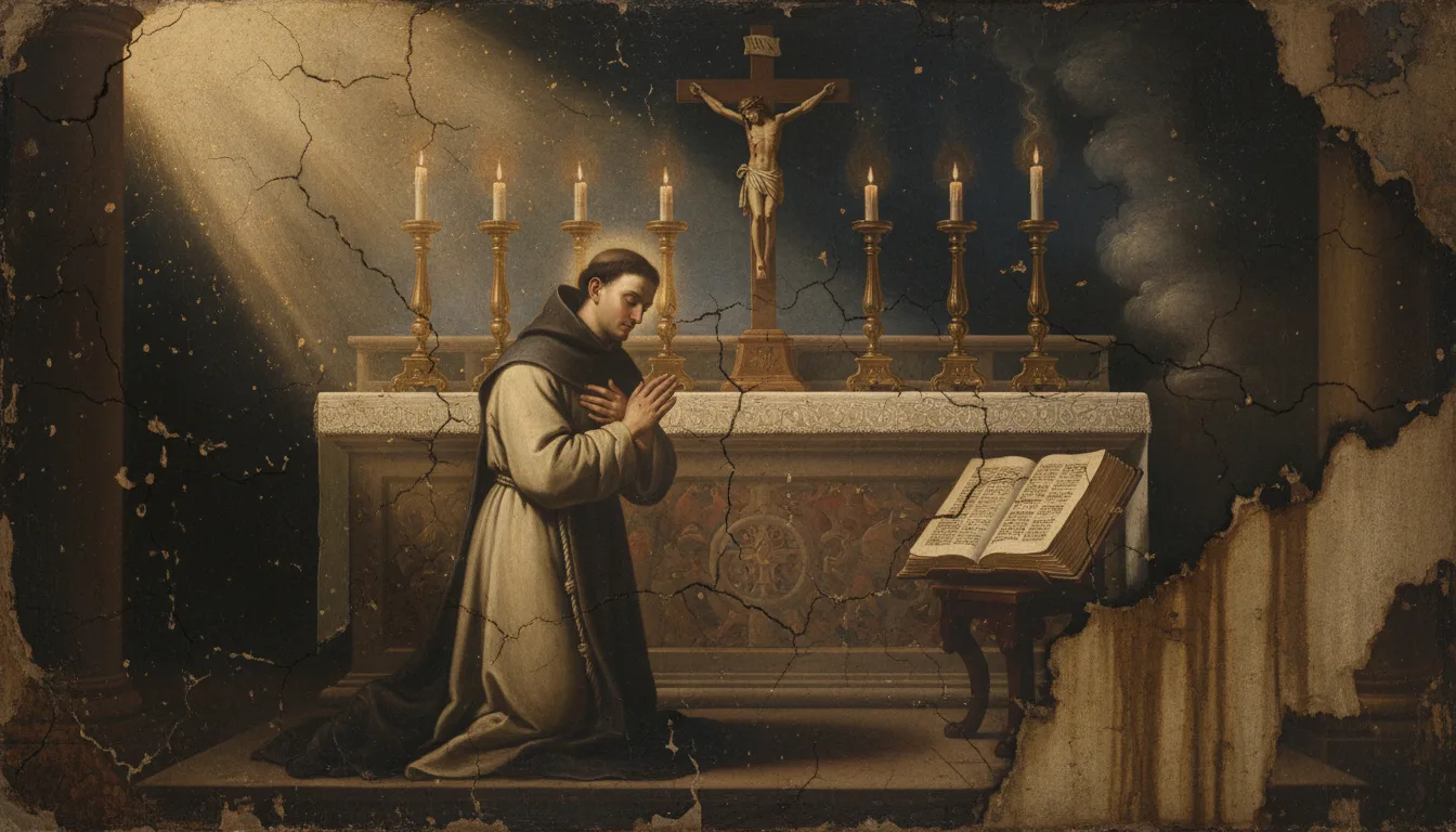 Um fiel de joelhos faz o sinal da cruz diante de um altar iluminado por velas