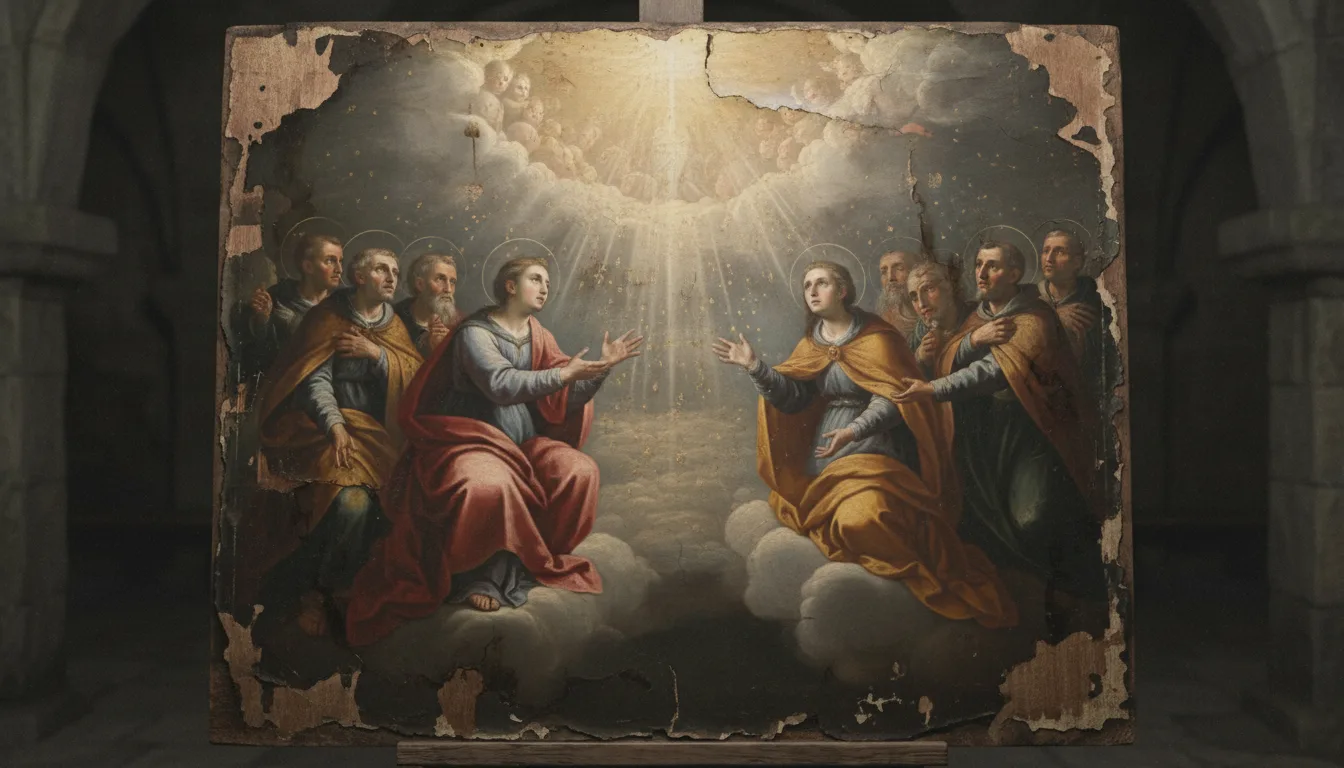 Una multitud de santos con aureola en el cielo interceden unidos ante el trono de Dios
